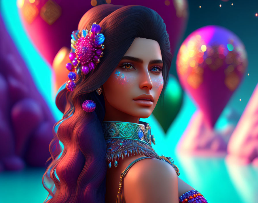 Digital artwork of woman with jeweled hairstyle on colorful background