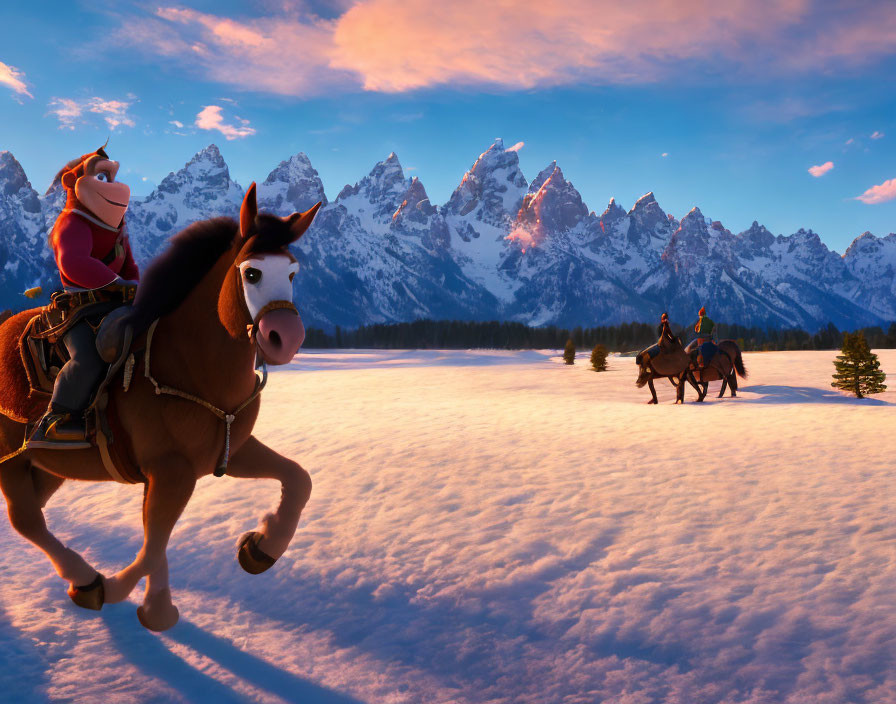 Snowy landscape with horse and riders galloping amid mountains