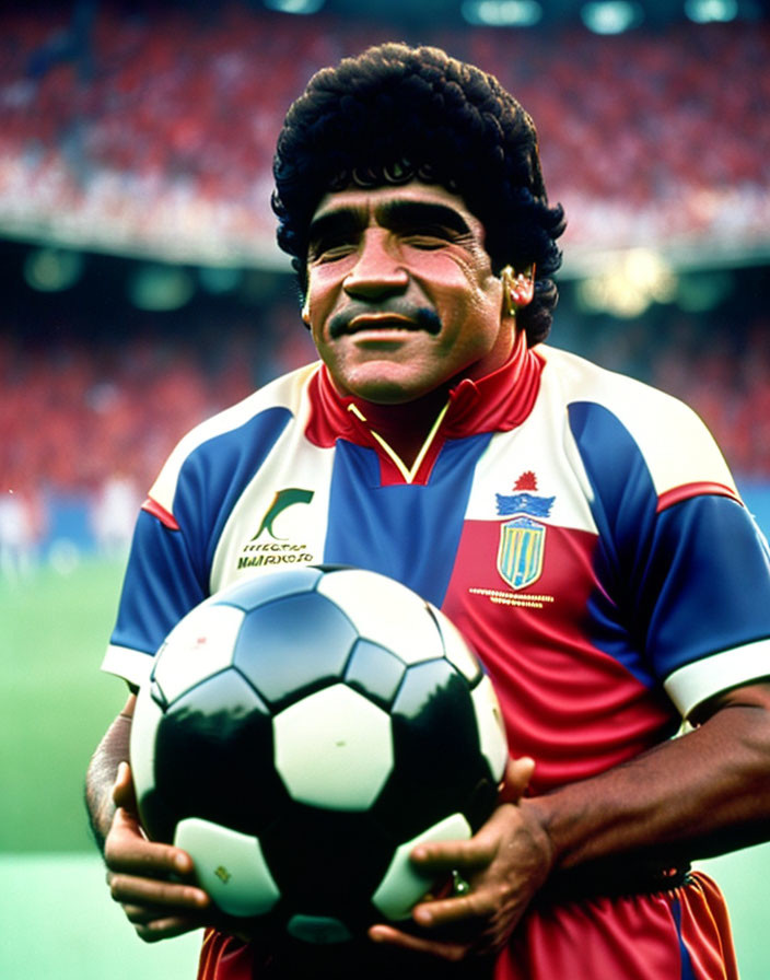 Dark Curly-Haired Man in Blue and Red Striped Soccer Jersey Holding Soccer Ball