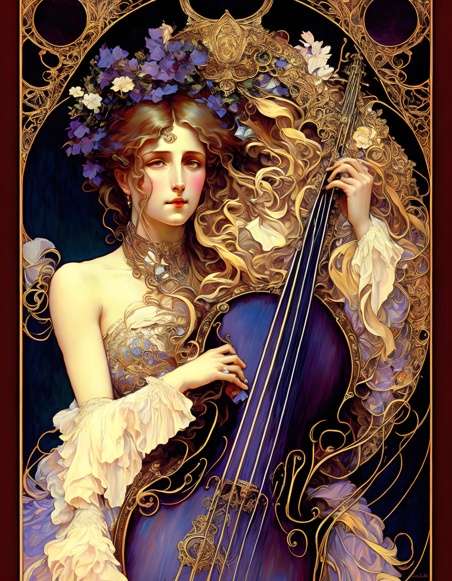 Art Nouveau Woman with Golden Hair Playing Cello in Maroon Background