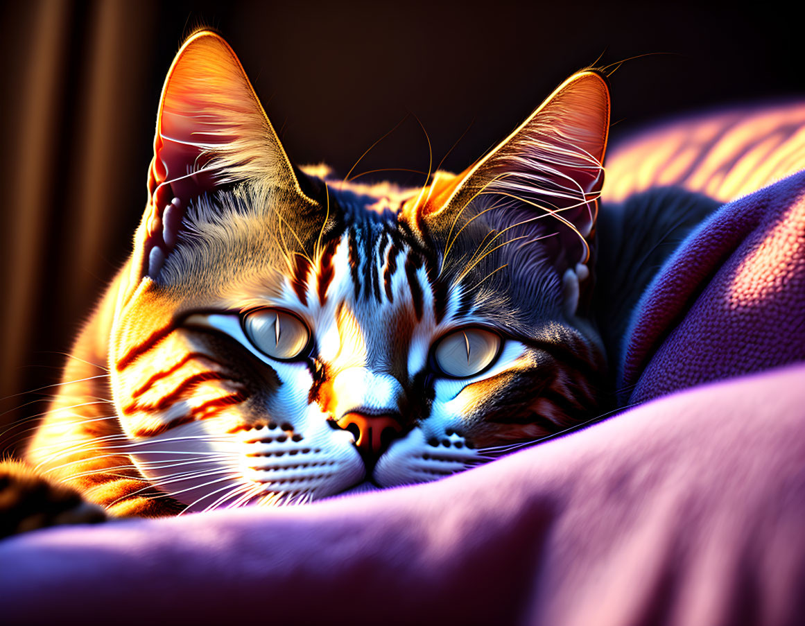 Colorful Close-Up of Domestic Cat with Striking Eyes in Sunlight