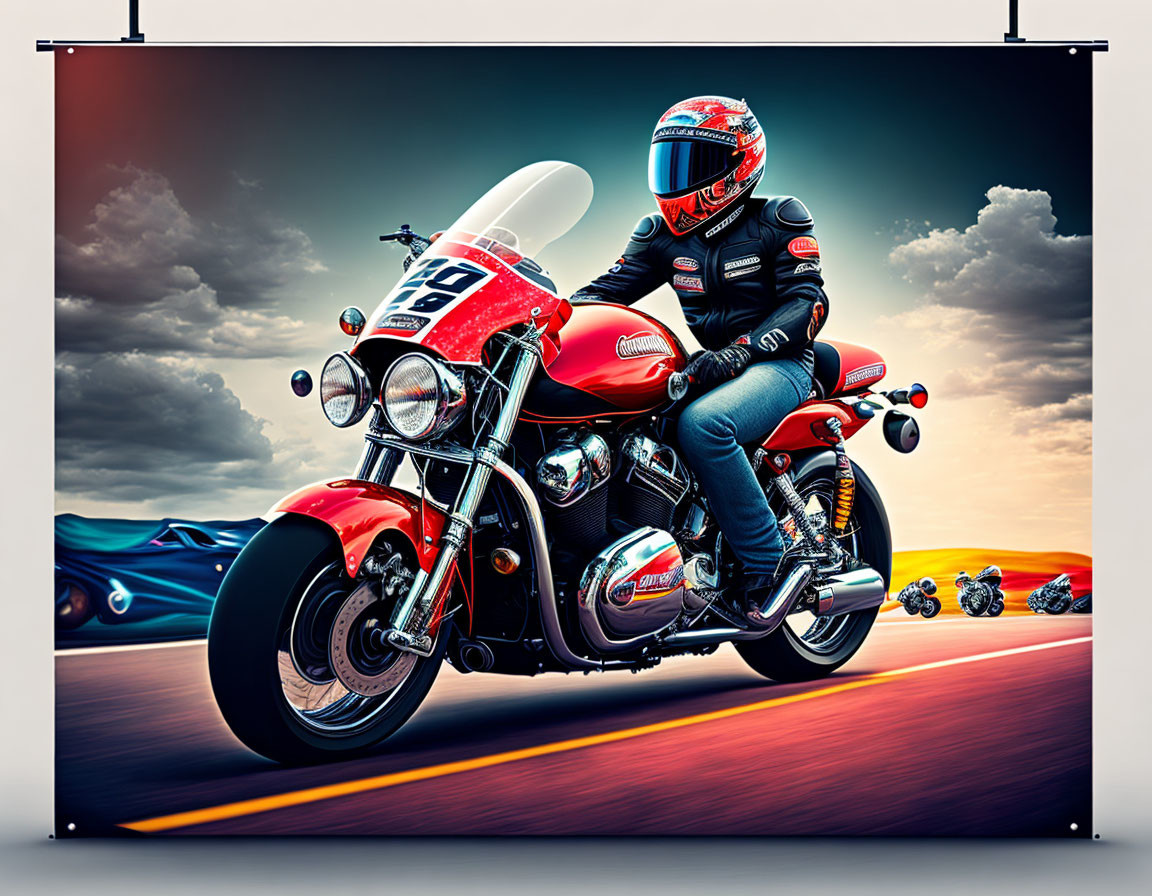 Motorcyclist in full gear on red vintage motorcycle with dramatic sky.