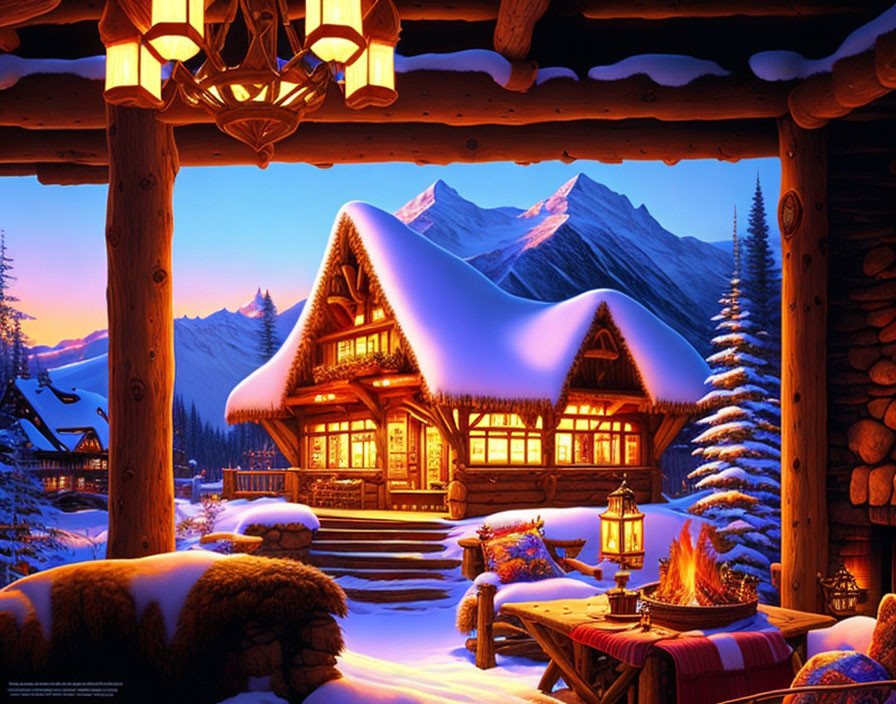 Snow-covered log cabin with warm lights and mountain backdrop at twilight