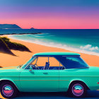 Classic Car Parked Near Beach with Colorful Sky and People Walking