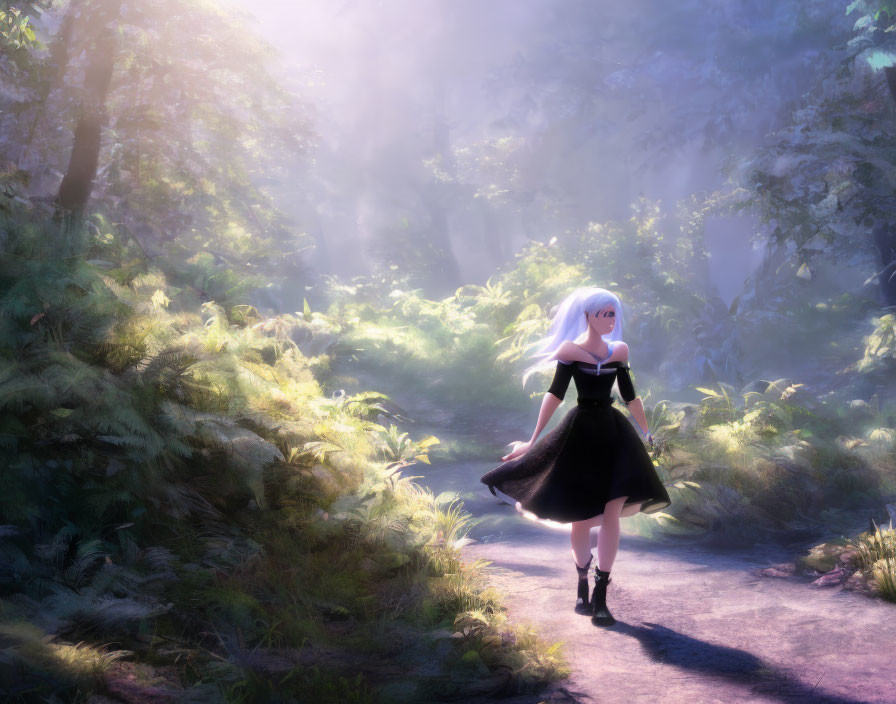 White-Haired Woman in Black Dress Walking Through Forest Path