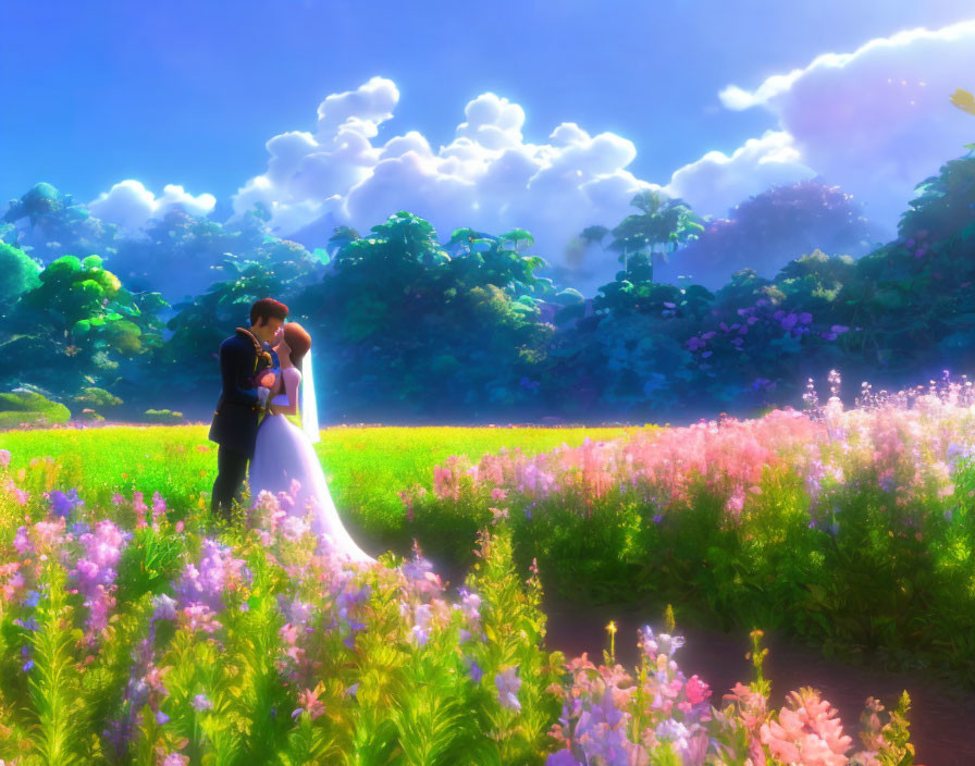 Embracing couple in sunlit meadow with vibrant flowers