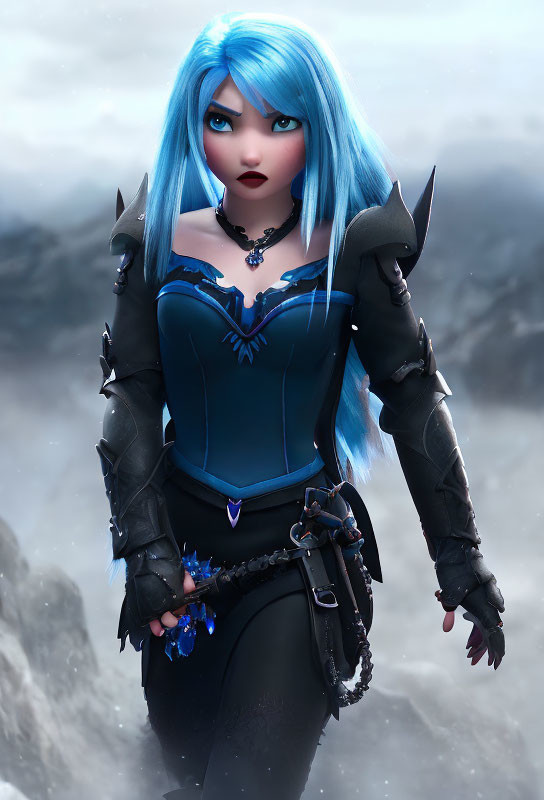 Blue-haired female character in dark armor amidst misty landscape