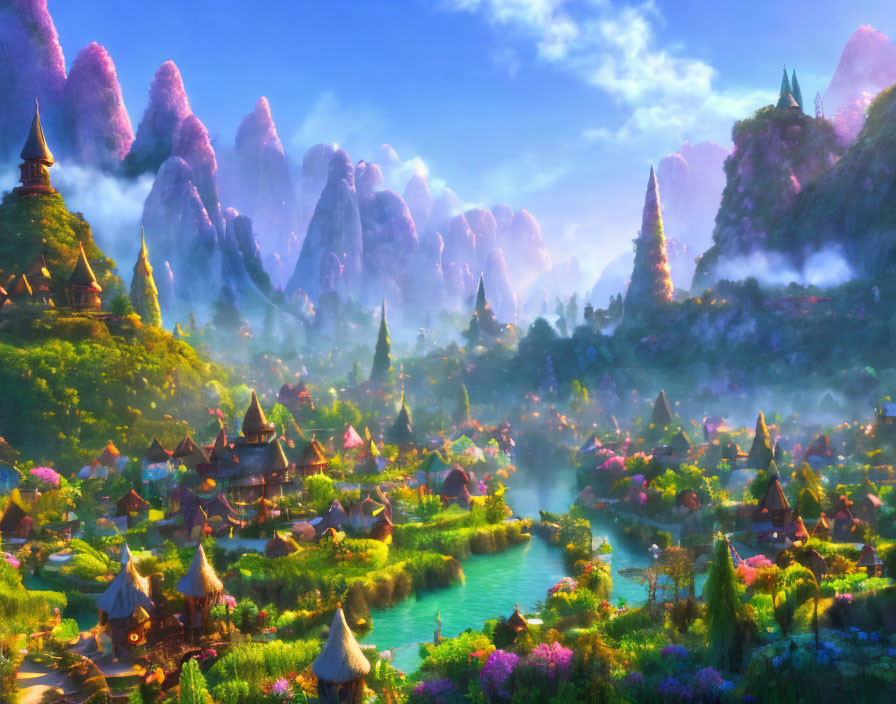 Colorful Fantasy Landscape with Thatched Huts, River, and Mountains