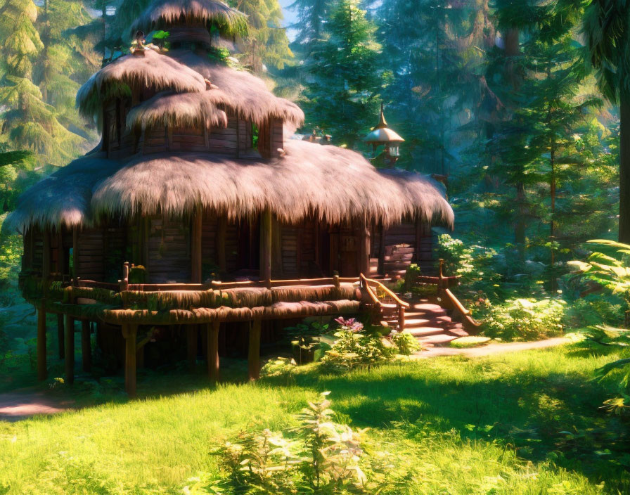 Mystical Thatched Cottage in Lush Forest Light