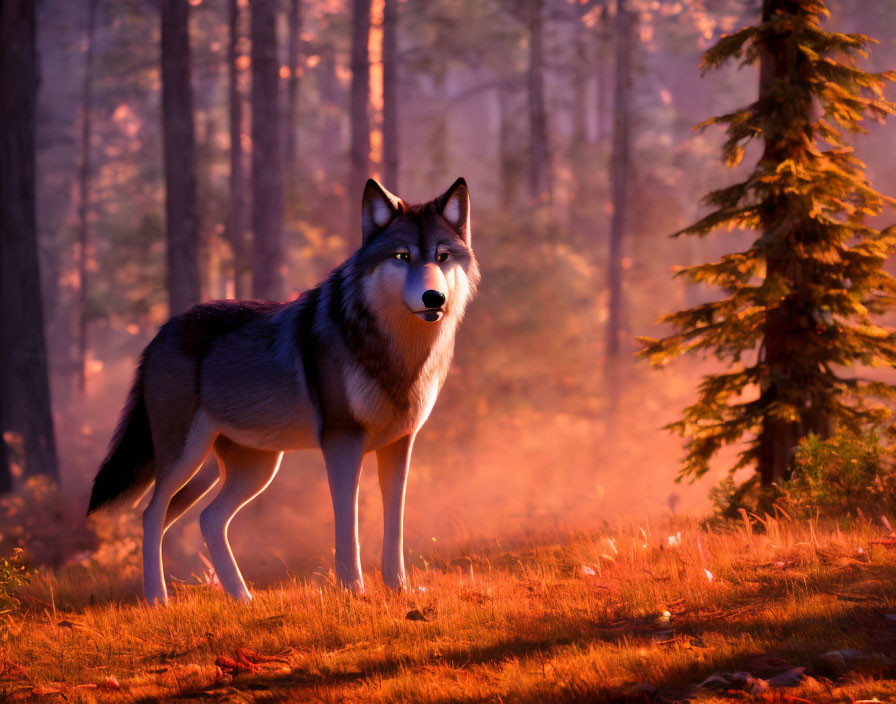 Majestic wolf in sunlit autumn forest landscape