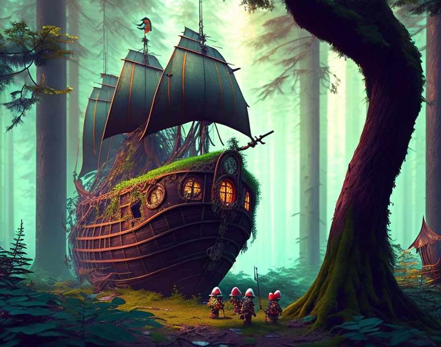 Abandoned pirate ship covered in foliage with gnome-like figures.