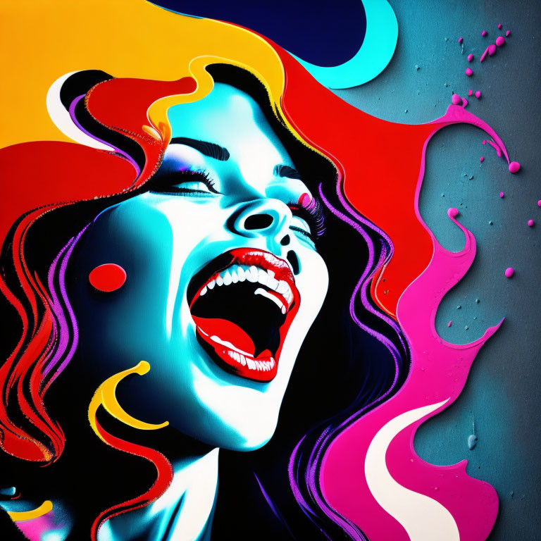 Colorful Digital Artwork: Woman Laughing with Abstract Elements