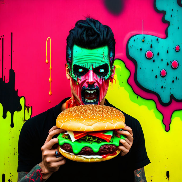 Colorful Skull Face Painting Person Holding Giant Burger on Graffiti Background