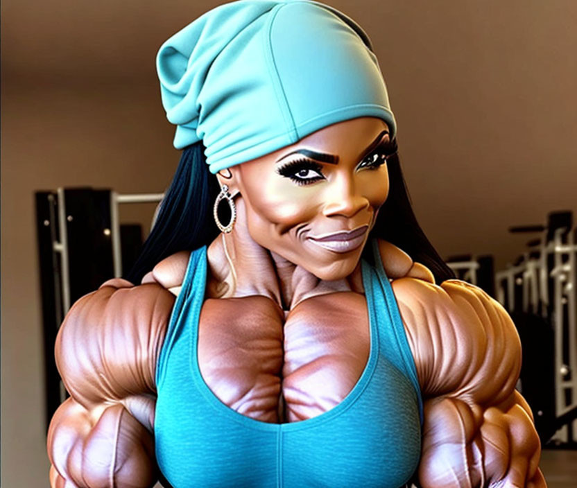 Muscular woman in blue tank top with headwrap in gym setting