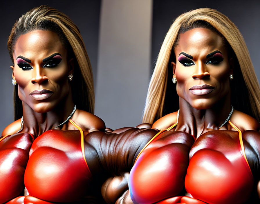 Exaggerated muscular individuals in red boxing gloves with confident expressions