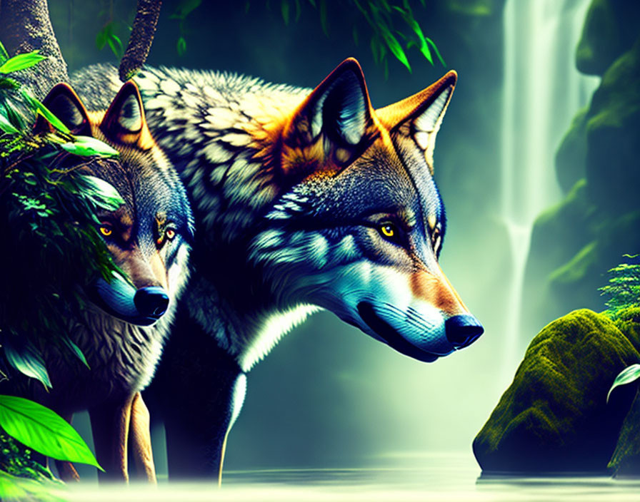 Detailed wolves in lush forest with waterfall background