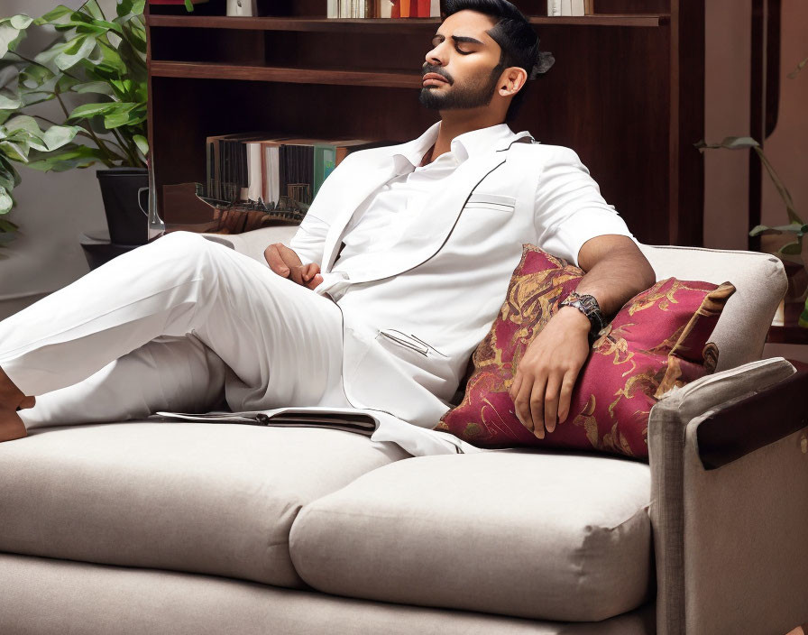 Elegant man in white suit relaxing on beige sofa with book in room filled with plants and booksh