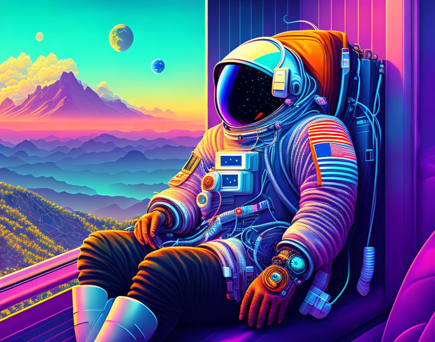 Vibrant astronaut on balcony gazes at alien landscape