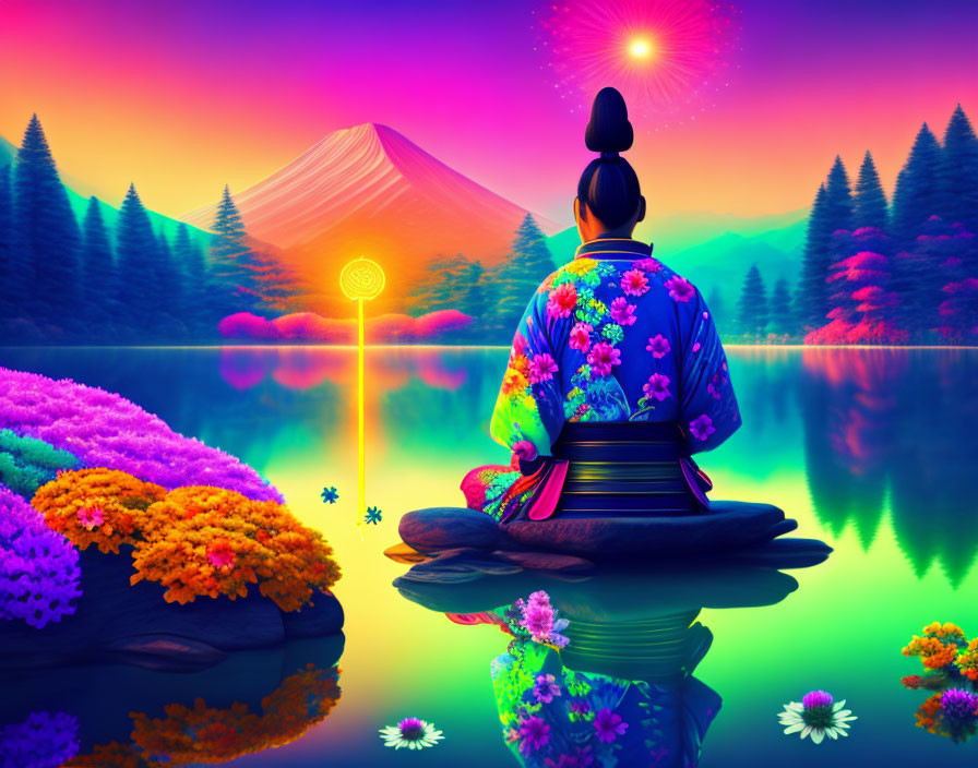 Person meditating in vibrant kimono by serene lake with colorful flora, mystical mountain, and vivid sunset