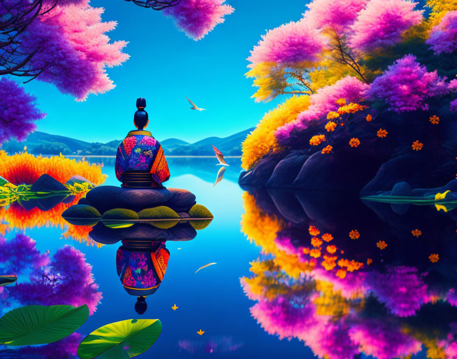 Colorful surreal landscape with lantern statue, pink trees, flowers, and birds in vibrant pond.