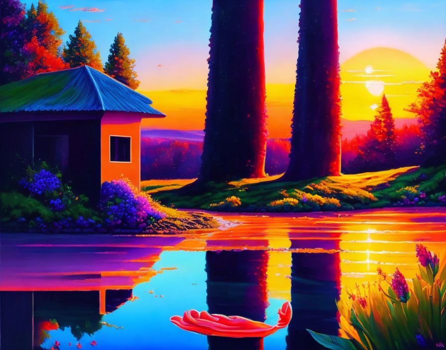 Scenic sunset painting with cabin, lake, trees, and flowers