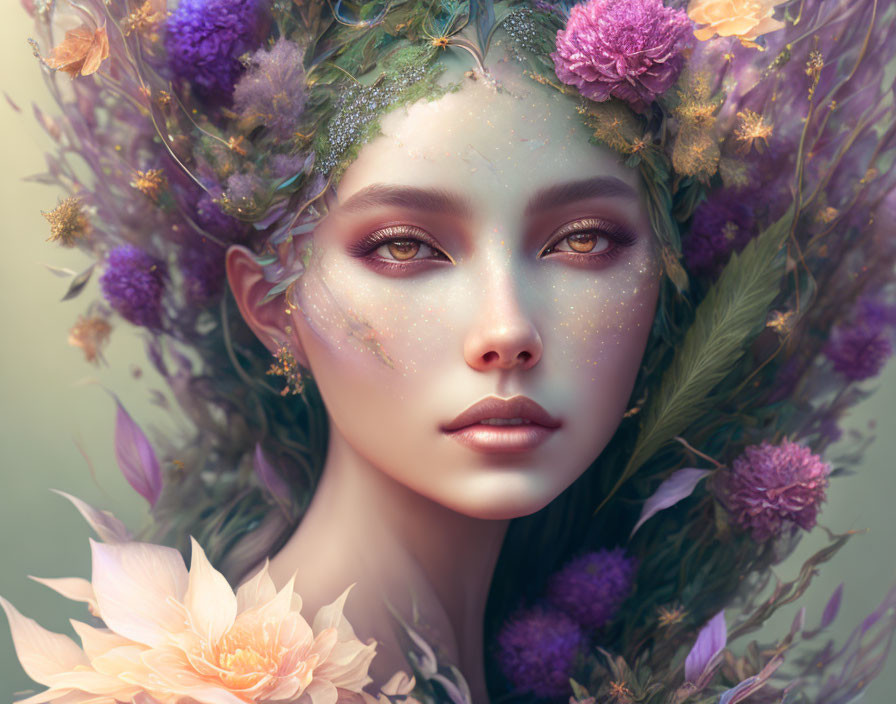 Fantasy portrait of woman with pastel floral crown and sparkling makeup