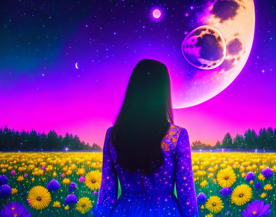 Silhouette of woman in starry dress among yellow flowers under pink and purple sky