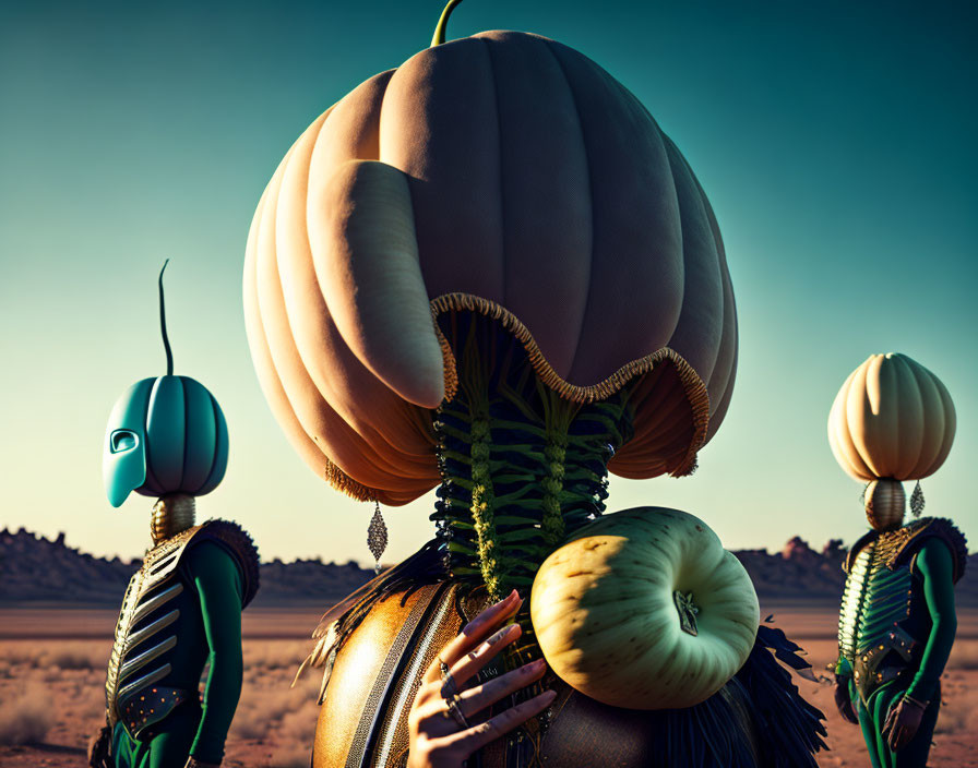 Stylized pumpkin-headed characters in desert scene