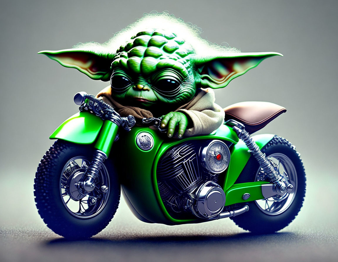 Stylized character resembling Yoda on green motorcycle with silver accents