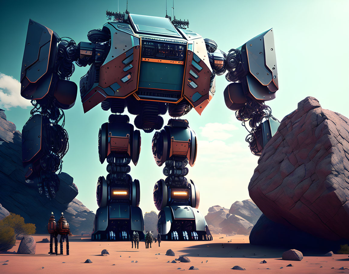 Giant futuristic robot in desert landscape with human figures