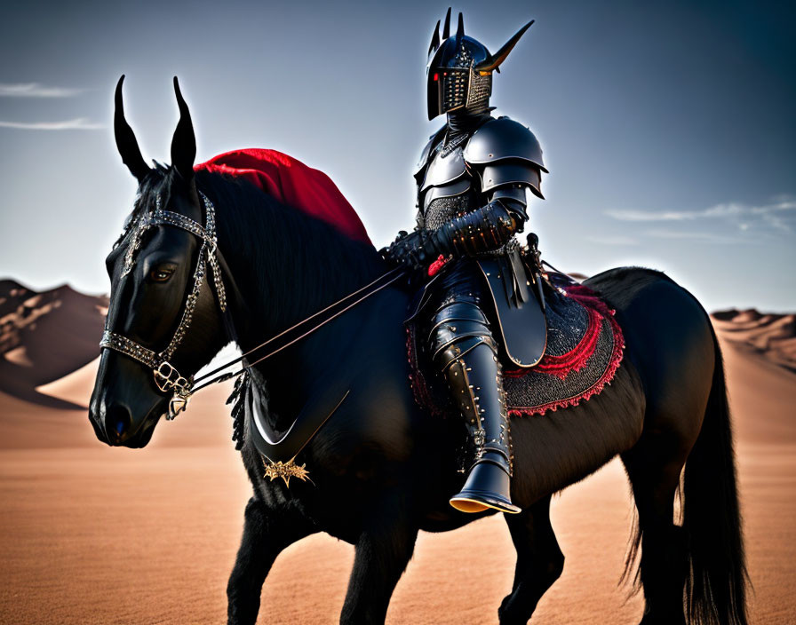 Shiny armor knight on black horse in desert with sand dunes