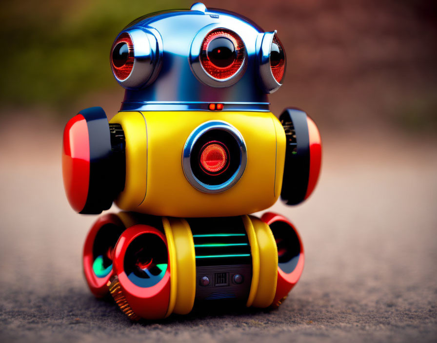 Vibrant robotic toy with blue eyes, yellow body, and red accents