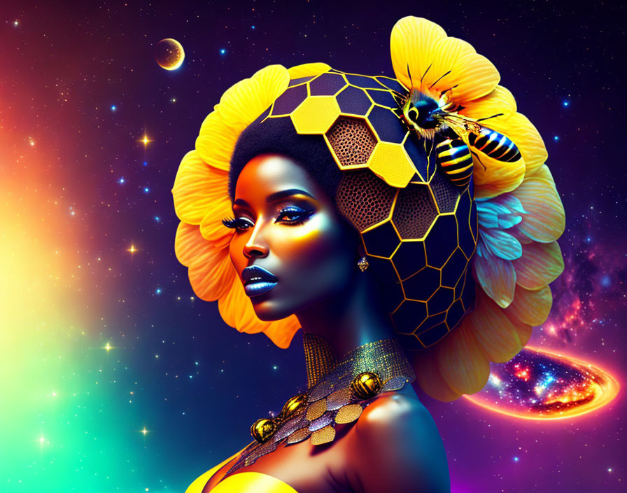 Surreal portrait of woman with honeycomb and bee headpiece in vibrant space-themed setting