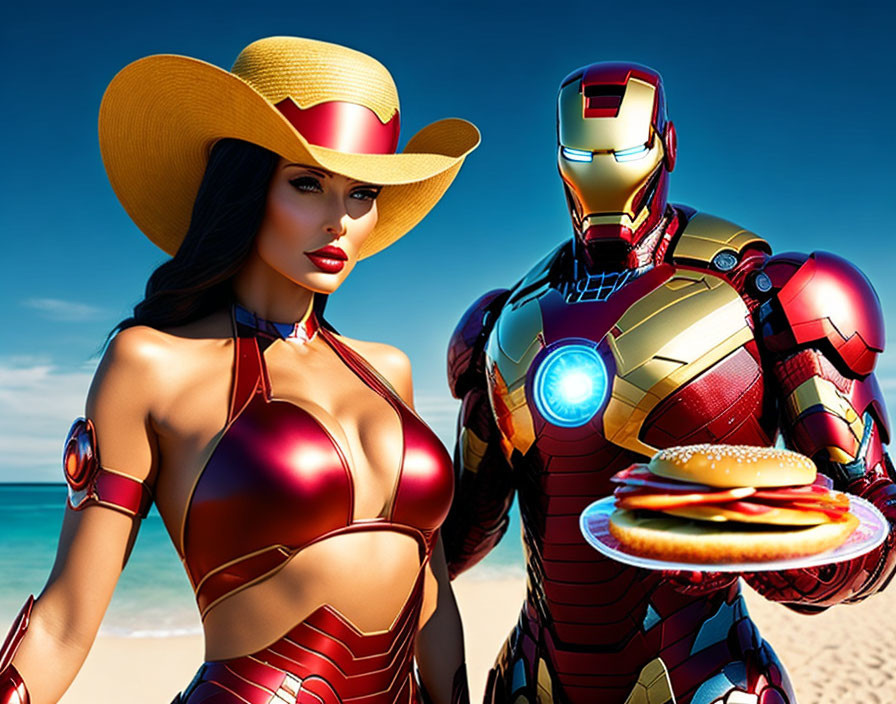 Woman in Red Swimsuit with Iron Man Holding Burgers on Sunny Beach