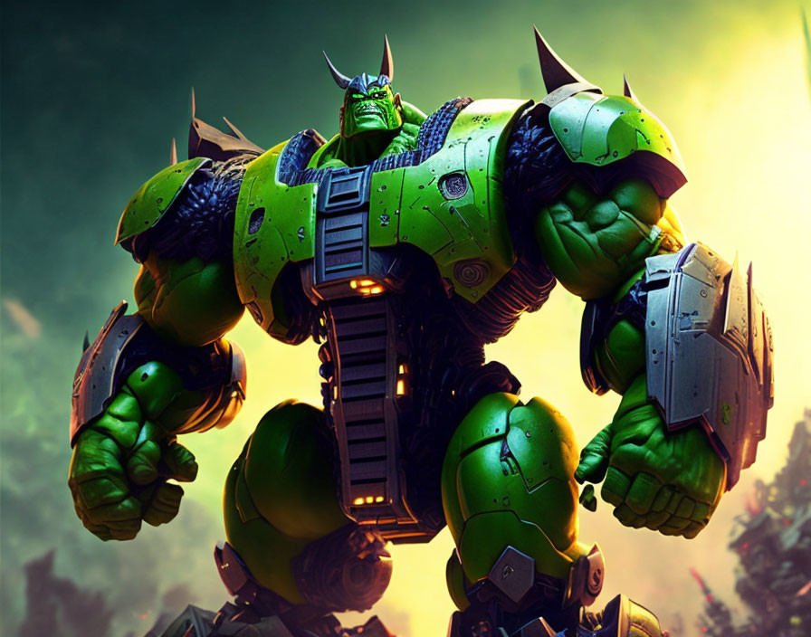 Imposing green armored mech with horns and glowing eyes against dramatic backdrop