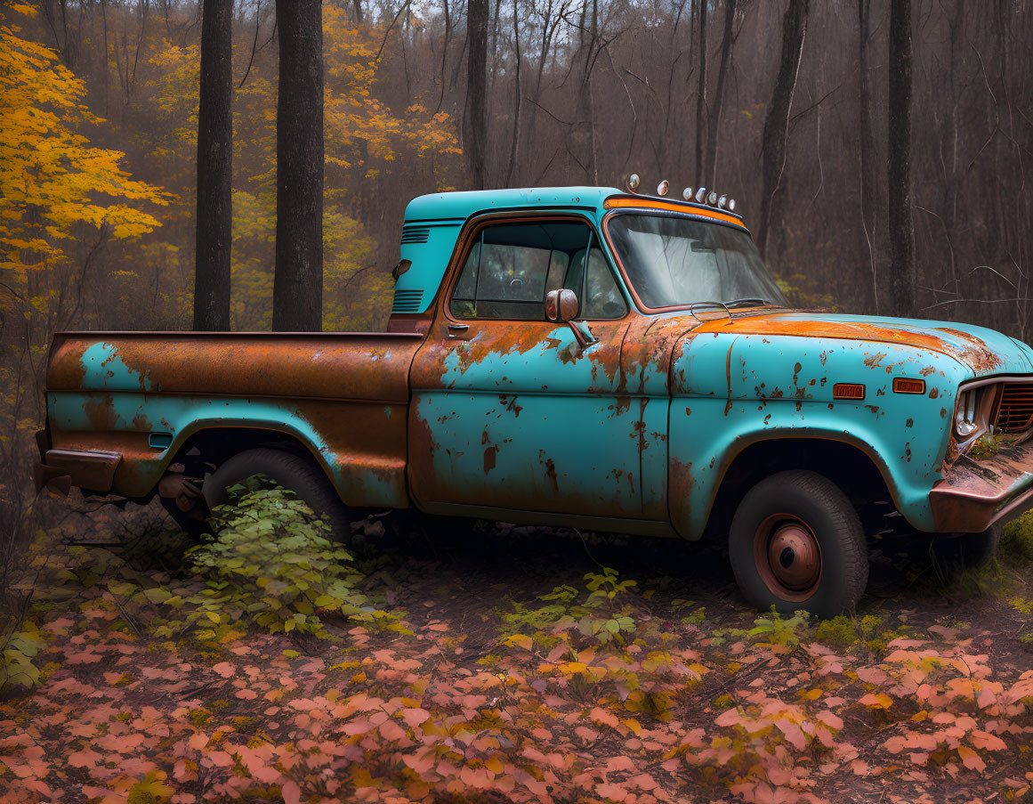 Abandoned turquoise and rust pickup truck in autumn forest