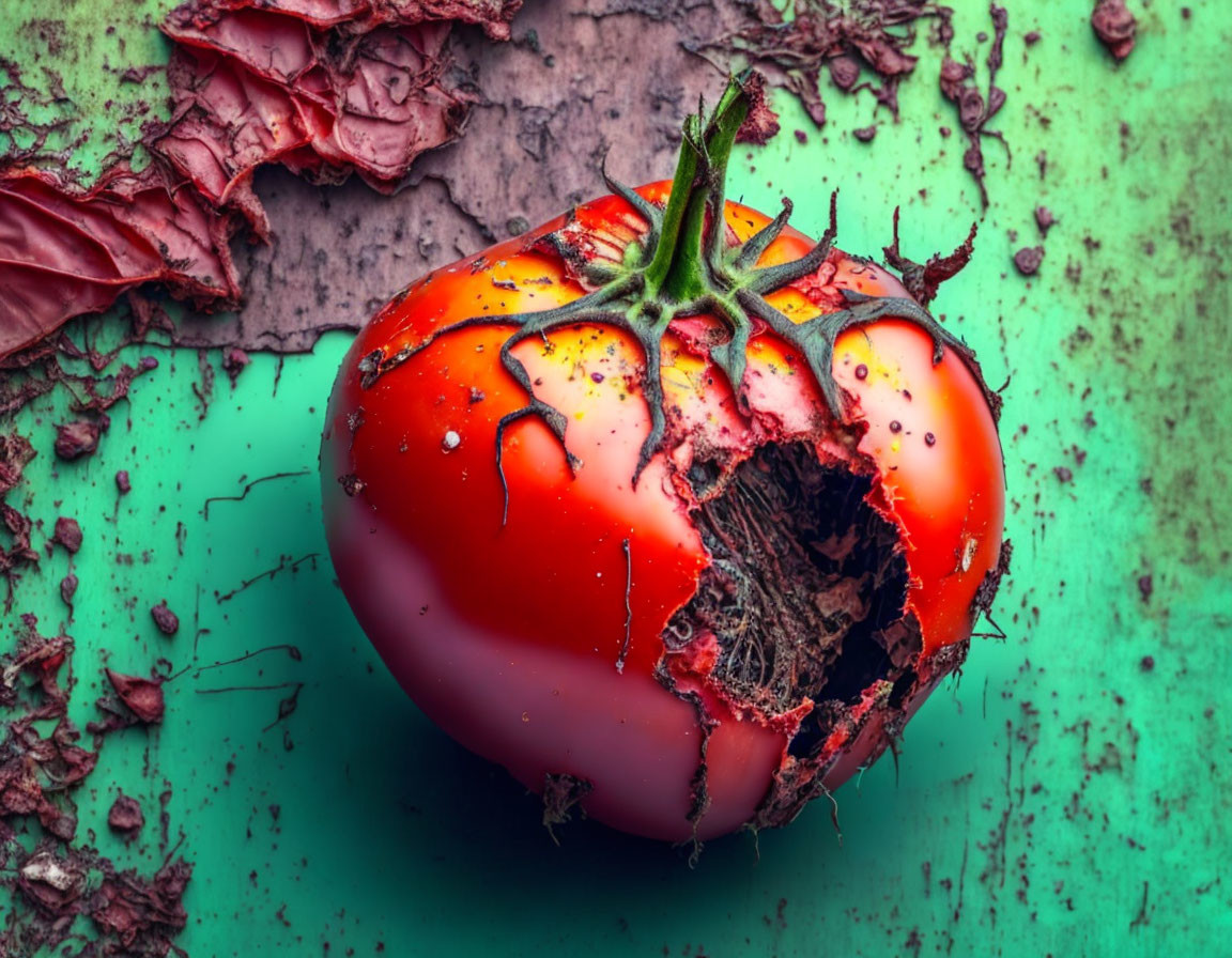 Ripe red tomato with rotting hole on cracked green surface