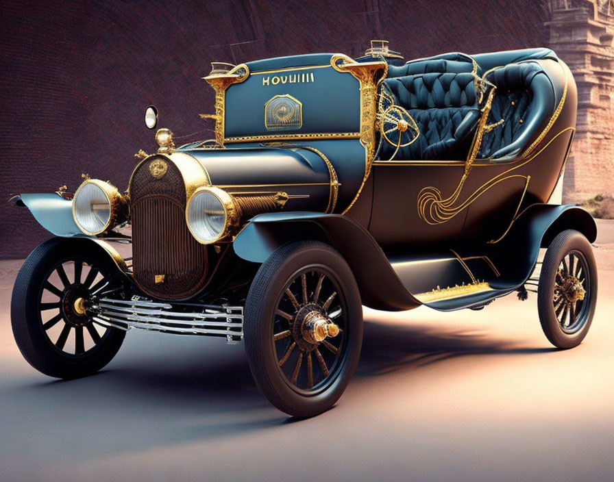 Vintage Car with Ornate Detailing and Brass Accents on Brown Background