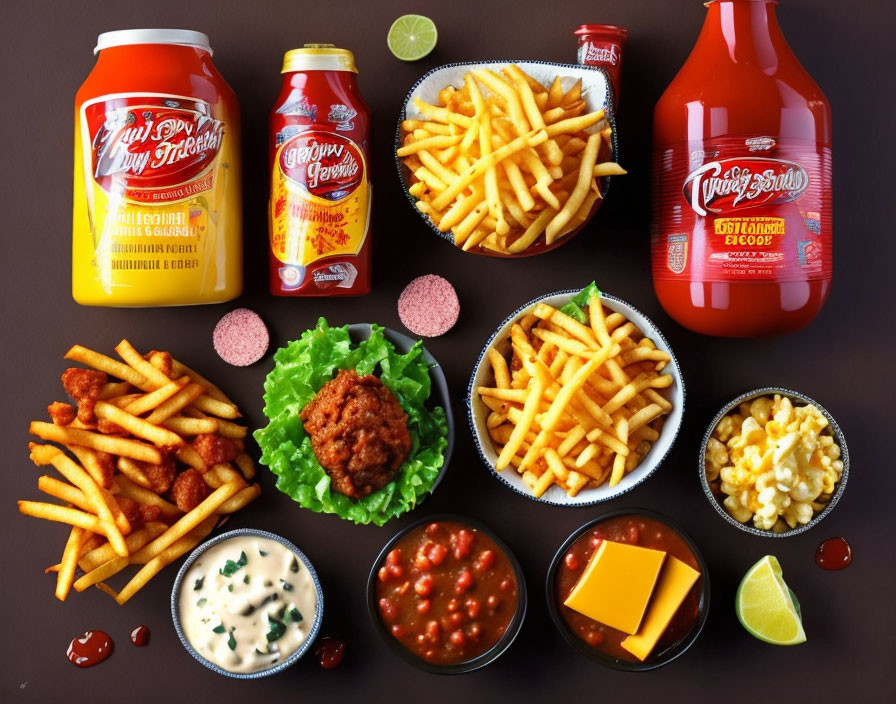 Fast food items: fries, fried chicken, dips, and soda cans on dark surface