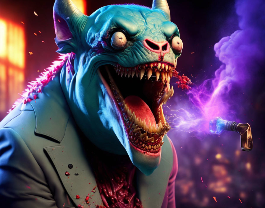 Blue horned creature in suit roaring under colorful lighting