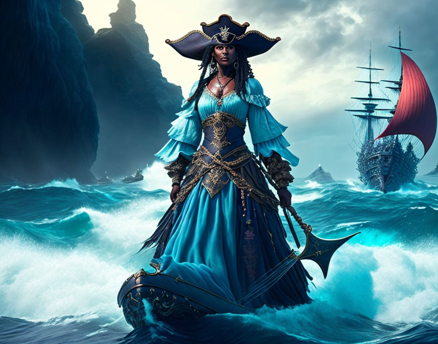 Female pirate on bow of ship with stormy sea & another ship.