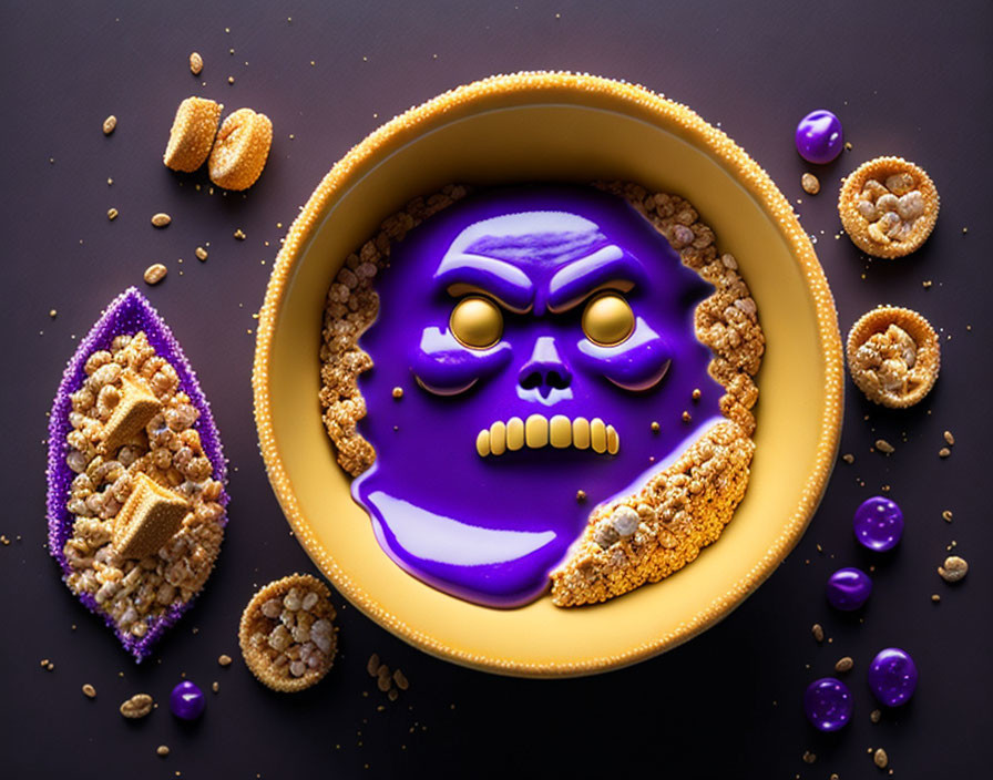 Purple skull figure in yellow bowl with cereal and milk droplets on dark surface