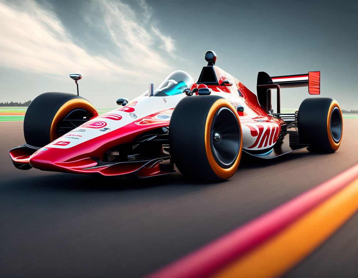 Red and White Formula 1 Racing Car Speeding on Track