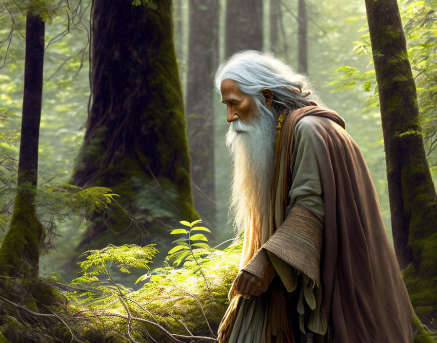 Elderly bearded man in medieval robes in sunlit forest