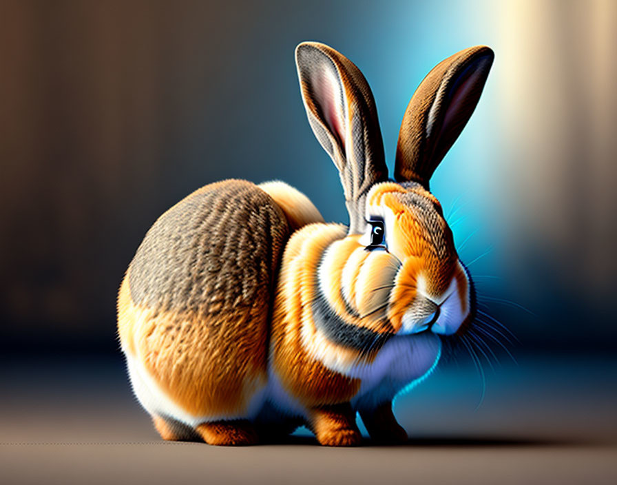 Stylized digital illustration: Exaggerated rabbit features, rich fur texture