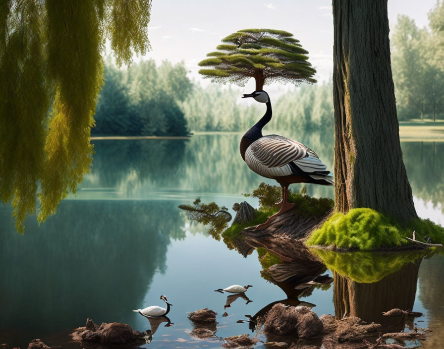 Surreal image of goose with tree body by calm lake