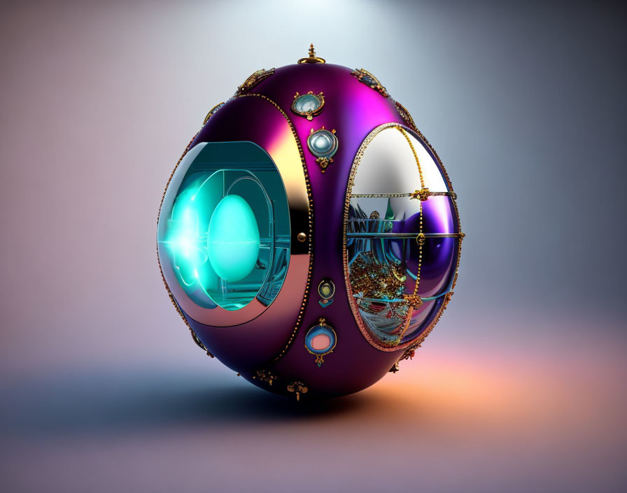 Futuristic purple pod with gold trim and gemstones, circular window