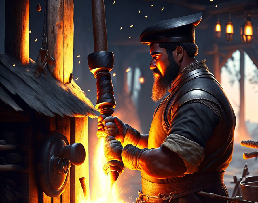 Blacksmith in leather apron and beret hammers metal rod on anvil with sparks flying