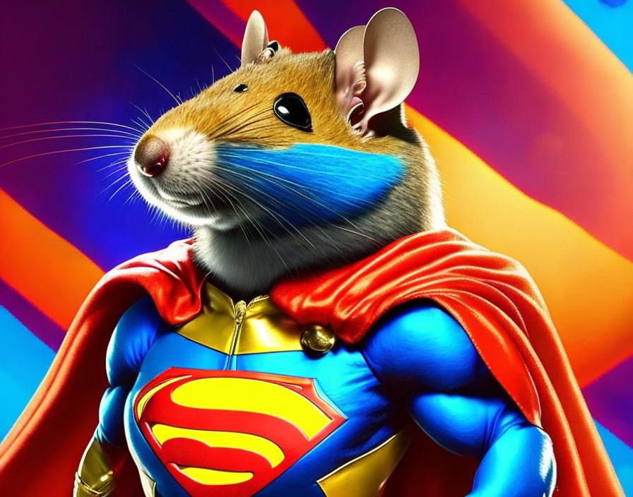 Realistic Hamster in Colorful Superman Costume on Vibrant Background