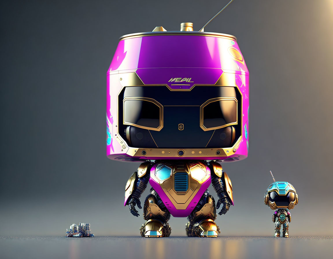 Futuristic robots in various sizes with shiny purple helmet-like head